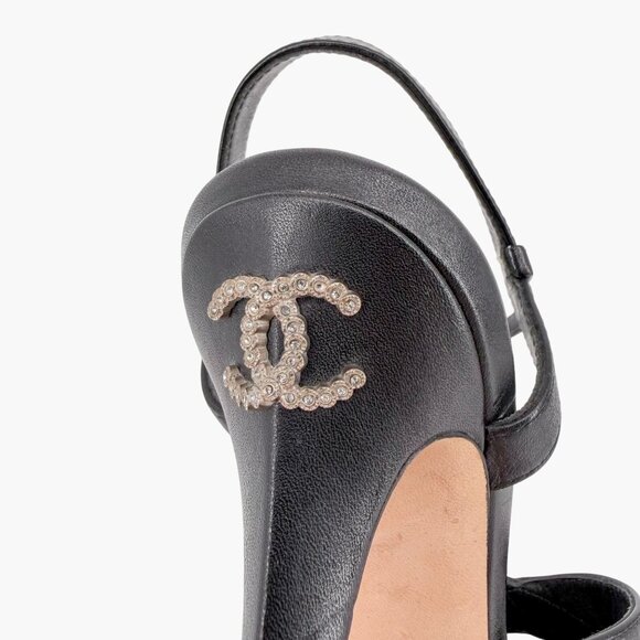 Chanel Black Leather Crystal CC Strappy Heeled Sandals Shoes Size 37 US 6–6.5 - Picture 6 of 13
